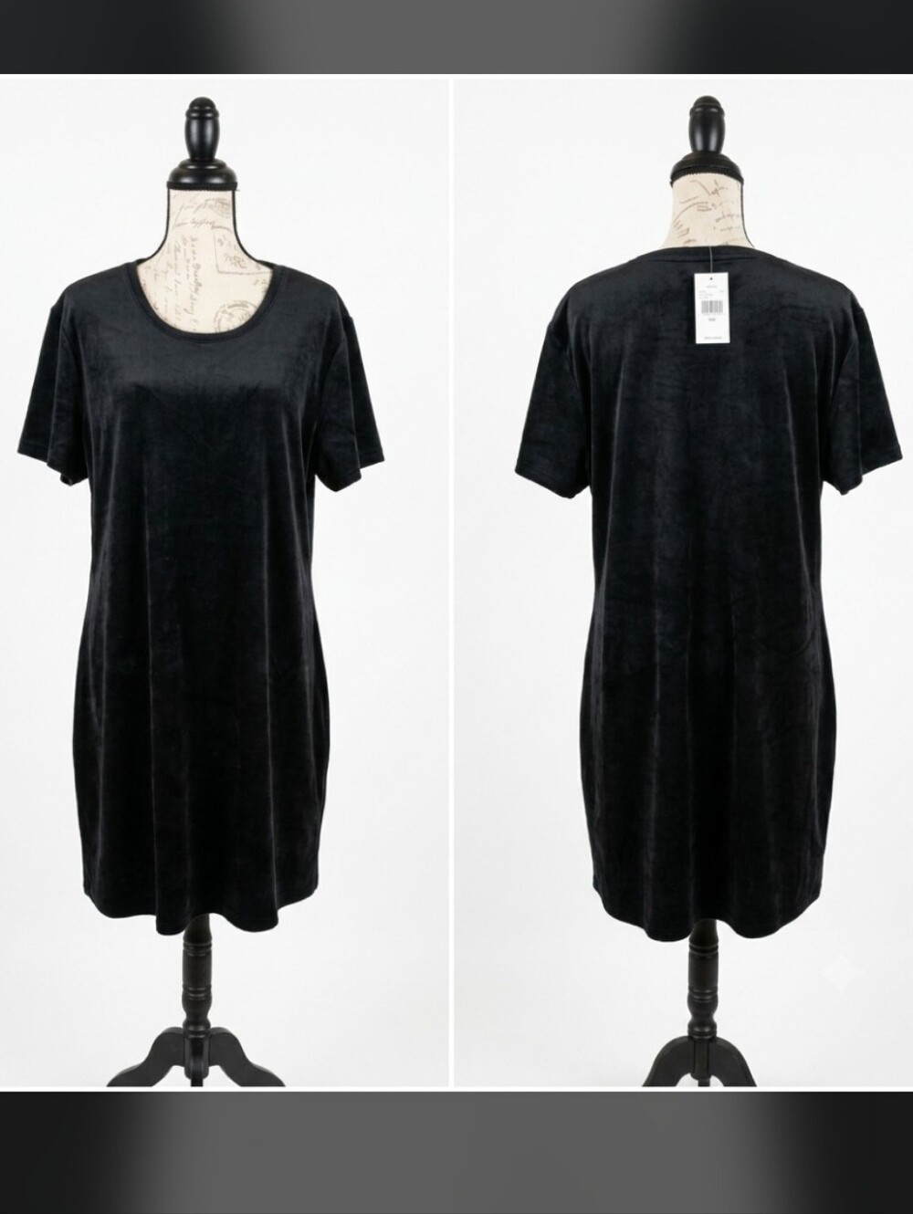 New Daily Ritual Velvet Short Sleeve Crew Neck Tunic Dress Black Women's XL